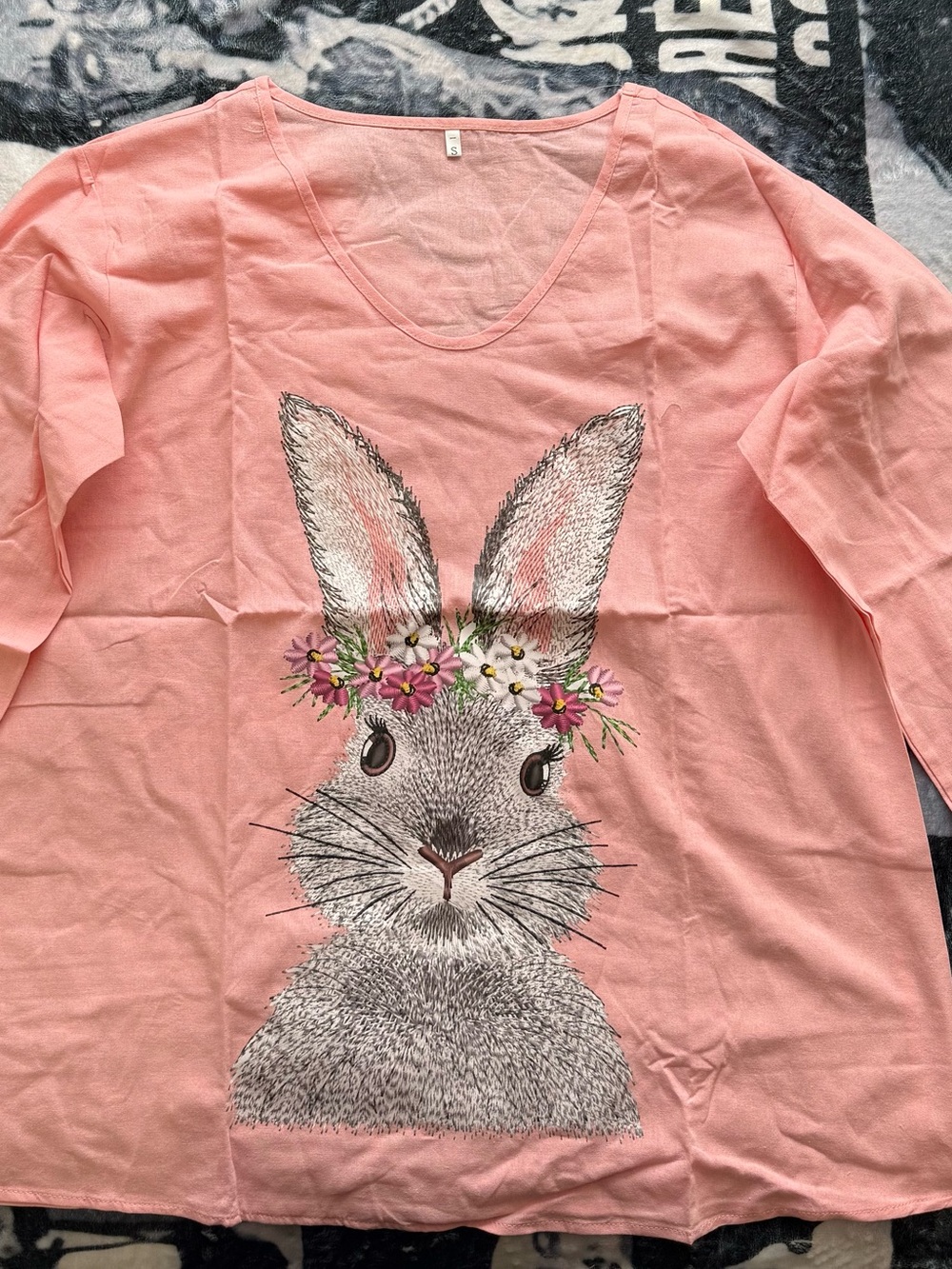 Girls' Pink Bunny Floral-Accent Long Sleeve Top